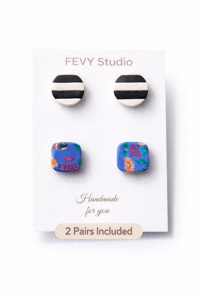 Polymer Clay Earrings Set of 2 , Colorful & Black White Studs