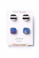 Polymer Clay Earrings Set of 2 , Colorful & Black White Studs