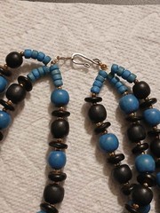 Vintage Necklace Blue Black Wood Bead Triple Strand Gold Tone Accents