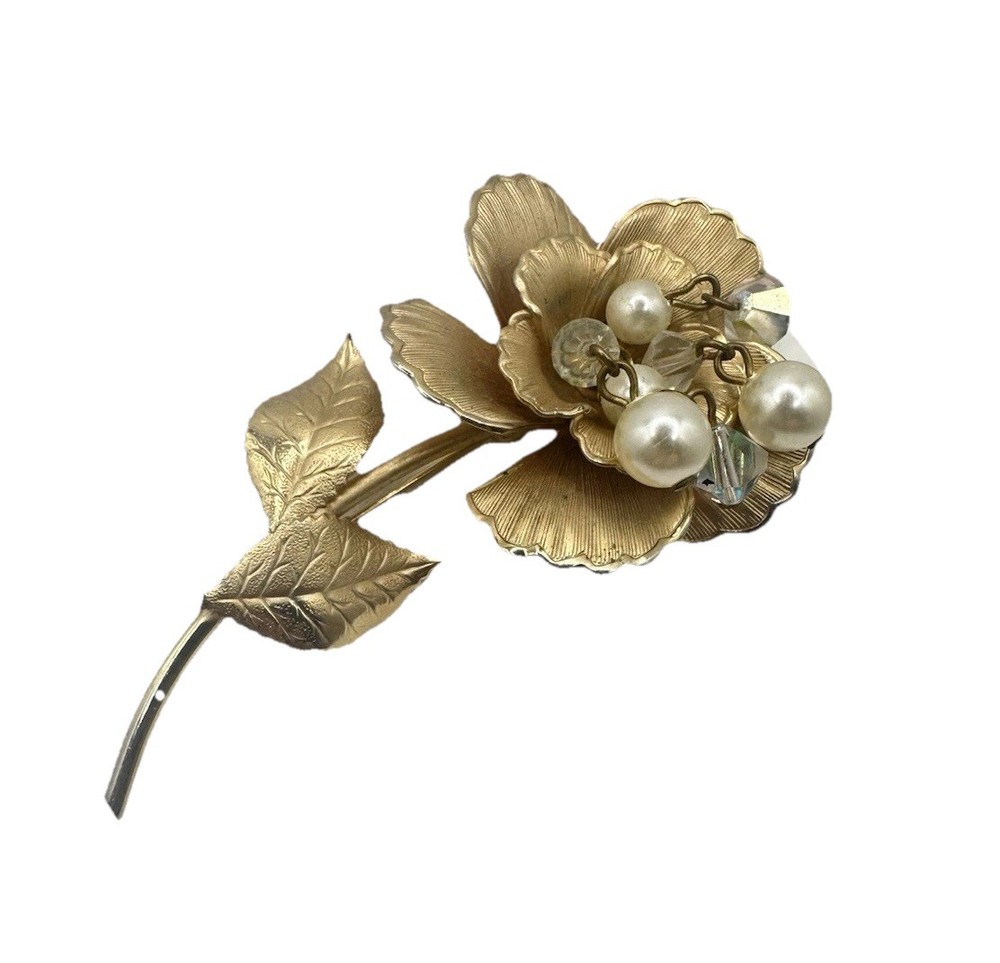 VTG Weiss Signed Gold Tone Rose Flower Brooch Pin 3.5in Estate Sale Beaded