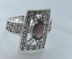 Sterling Silver Art Deco Garnet & Marcasite Filigree Ring Size 7