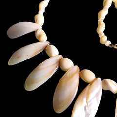Mid Century Retro Carved Mother Of Pearl Tiki Pin Girl Up Fringe Necklace 25″