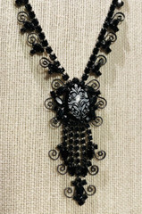 D&E Juliana Book Piece Long Black Rhinestone Floral Transfer Gun Metal Necklace