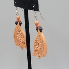 Vintage Hand Tooled Leather Pierced Earrings Wood Bead Artisan 2″