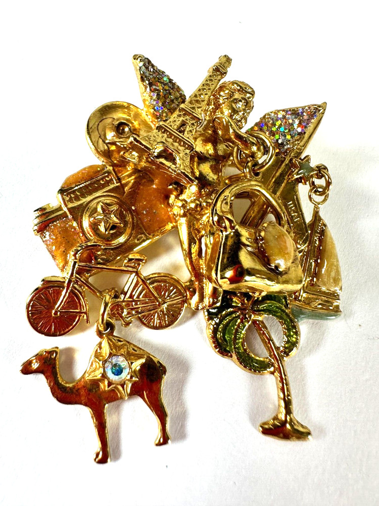 Vintage Brooch Kirks Folly Charms Travel Adventure Dangle Goldtone