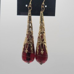 Vintage Red Glass Teardrop Earrings Gold Filigree Dangle Drop Victorian Style