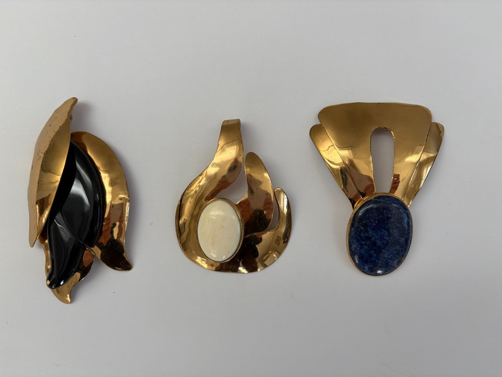 Vtg FLORELLE Pendants Lot 3 Signed Brutalist Modernist Jewelry Onyx Sodalite 70s
