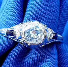 Original EARTH MINED DIAMOND Deco Engagement Ring Vintage Sapphire Solitaire 14K