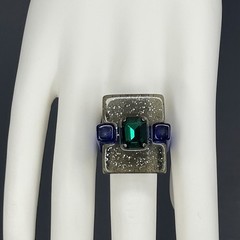 Modernist Lucite Ring Blue Black Glitter Rhinestone Size 8 Chunky Post Modern