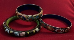 Three Vintage High End Cloisonné Bangle Bracelet One Hinged Antique