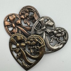 K&T Signed Triple Heart Tiered Goldtone Silvertone Copper Colored Brooch Pin
