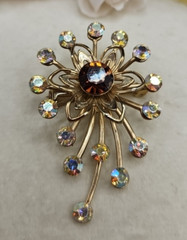 Vintage Aurora Borealis Starburst Flower Brooch Pin Rhinestone Brown Amber Color