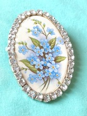 Decoupage Cottagecore Blue Flower Clear Rhinestone Brooch Pin Garden Spring