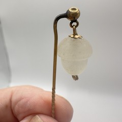 Antique Edwardian Stick Pin Frosted Satin Glass Acorn Dangle Gilt Metal