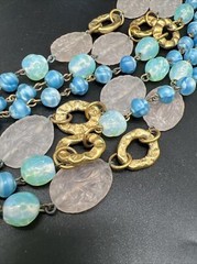 Vintage Freirich Blue White Green Pink Art glass Goldtone 62” necklace earring