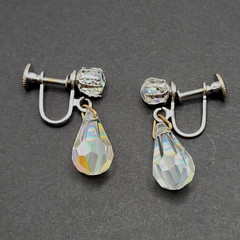 Vintage AB Crystal Faceted Teardrop Prism Drop Dangle Fancy Screw Back Earrings