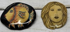 Signed Maria Cicchino 1990 Vintage 2 Pc Lot Fish & Face Painted Ceramic Brooches