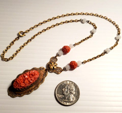 VTG ART DECO Coral Molded Glass Floral Necklace 1930s Glass & Brass 18″ Necklace