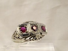 Antique Art Deco Filigree 14 K White Gold 3 Stone Ruby Sz 6 Cocktail Ring
