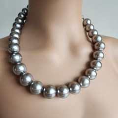 Silver Tone Bead Necklace 17” + 3” Ext Chunky Statement Rhinestone Accent