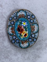 Woman’s Vintage Micro Mosaic Tesserae Glass Pin Italy Oval Floral Brooch Gift