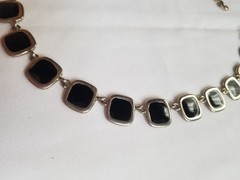Vintage 1970s Black and Cream Enamel Geometric Necklace Reversible Silvertone