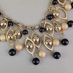 Vintage Statement Necklace Black Beaded Fringe Dangles Gold Tone Snail 16.5″