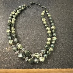 DOUBLE STRAND SHADES OF GREEN BEAD NECKLACE WITH PLASTIC CRYSTAL ACCENTS