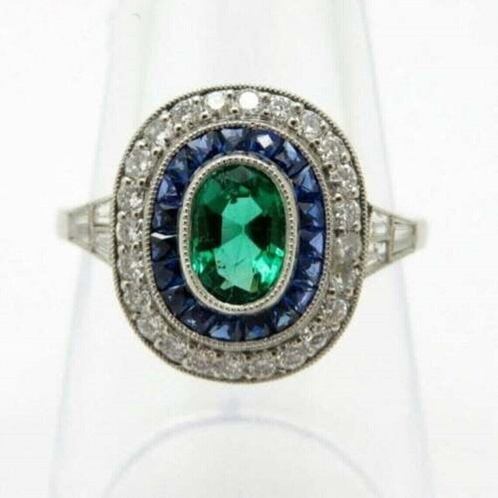 Art Deco Oval Emerald & Baguette Sapphire Lab Created Diamond 925 Silver Ring