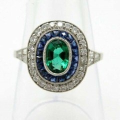 Art Deco Oval Emerald & Baguette Sapphire Lab Created Diamond 925 Silver Ring