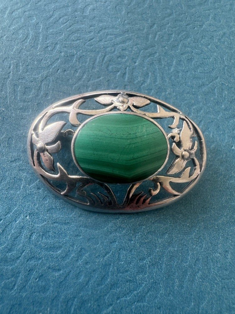 Vintage Navajo .925 Sterling Silver And Malachite Floral Frame Brooch