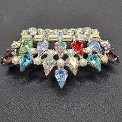 B. David Vintage Crown Brooch Green Glow Pin Multicolor Rhinestone Faux Pearl