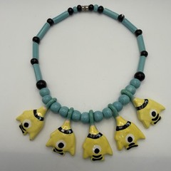 VTg Flying Colors Necklace Ceramic Angel Fish Yellow Blue 1980’s Coastal Cruise