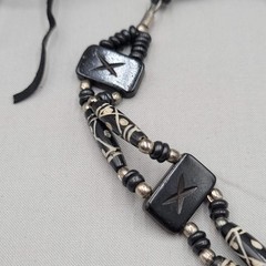 Vintage African Wood Bead Choker Necklace Silver tone Beads Tie Back Adj