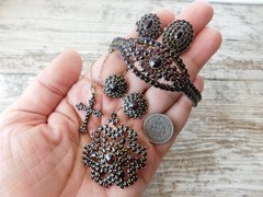 Vtg Antique 900 Silver Bohemian Garnet Bracelet Ring Necklace Pin Pendant Lot