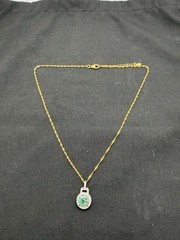 JTV Foil Glass Silver 925 Pendant Necklace Green Aventurine Flake Gold Tone 19″