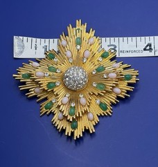 Huge 1960 Jomaz Brooch/Pendant Golden Starburst, Pave’Rhinestones Faux Jade Opal