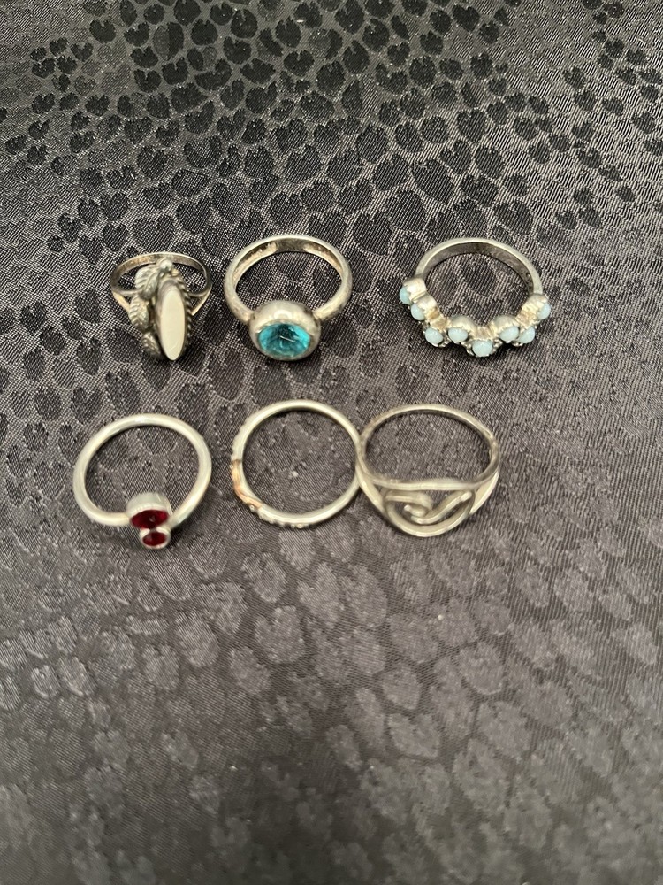 A Group Lot Of 6 Art Deco 925 Sterling Silver Rings Rhinestones Faux Turquoise
