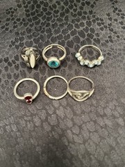 A Group Lot Of 6 Art Deco 925 Sterling Silver Rings Rhinestones Faux Turquoise