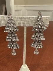 Vtg WEISS Couture Clear Rhinestone Chandelier Dangle Tear Drop Clip On Earrings