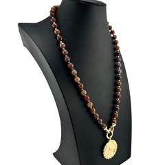 Liberty Coin Charm Brown Aventurine Beaded Gold Tone 21″ Pendant Necklace