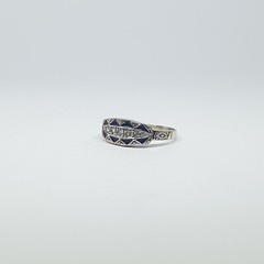 Art Decó 18kt Gold Band Ring With Diamonds and Blue Enamel – 836
