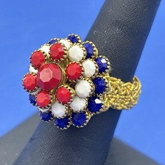 Vintage Red White Blue Rhinestone Stretch Ring Patriotic Flower Dome Gold Tone