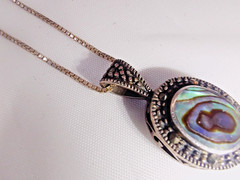 Vintage Abalone Marcasite Pendant Necklace & Clip Earrings Set FAS 925 Silver