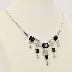 Original Vintage Designer Silver Onyx Zirconia Rhinestone Gemstone Necklace