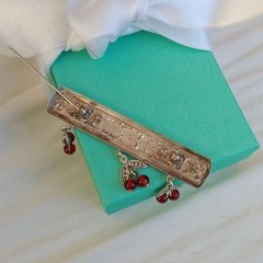 Art Deco Art Nouveau Sterling Silver 925 Red Cherries Scroll Bar Pin Brooch