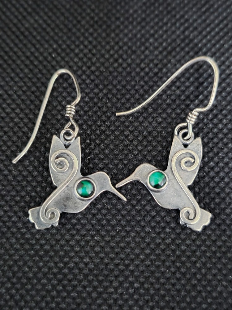 Vintage Green Eyed Hummingbird Dangle Earrings 925 Sterling Silver 1 3/8″ Drop