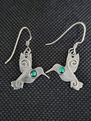 Vintage Green Eyed Hummingbird Dangle Earrings 925 Sterling Silver 1 3/8″ Drop