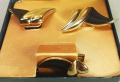 Vintage Yellow Gold Tone & Black Kreisler Cufflinks & Tie Clip/Bar Set w/Box