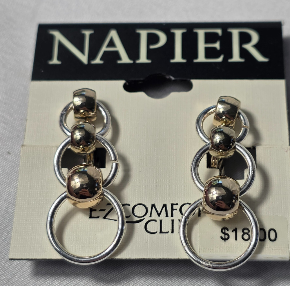 Vintage Signed Napier Clip On Dangle Earrings Silver Tone Rings & Spheres NEW
